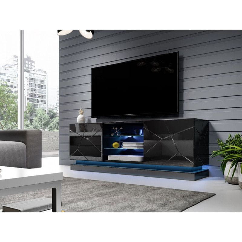 Veneti Televízny stolík s LED RGB osvetlením 160 cm LIMA - čierny / lesklý čierny